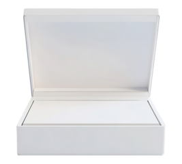 A white box with a clear lid is opened