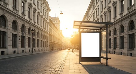 Empty bus stop with blank billboard stands along a beautiful city street at daytime.