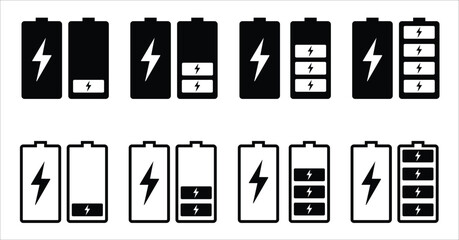 Battery charging indicator icon in white background. Fully charged and discharged battery in 0 to 100 % level icon. Vector illustration.