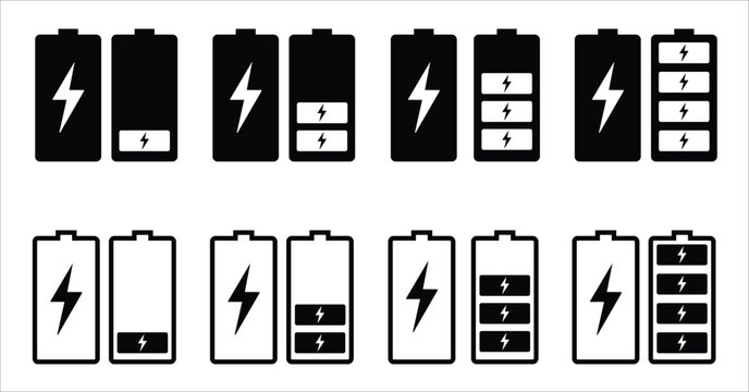 Battery charging indicator icon in white background. Fully charged and discharged battery in 0 to 100 % level icon. Vector illustration.