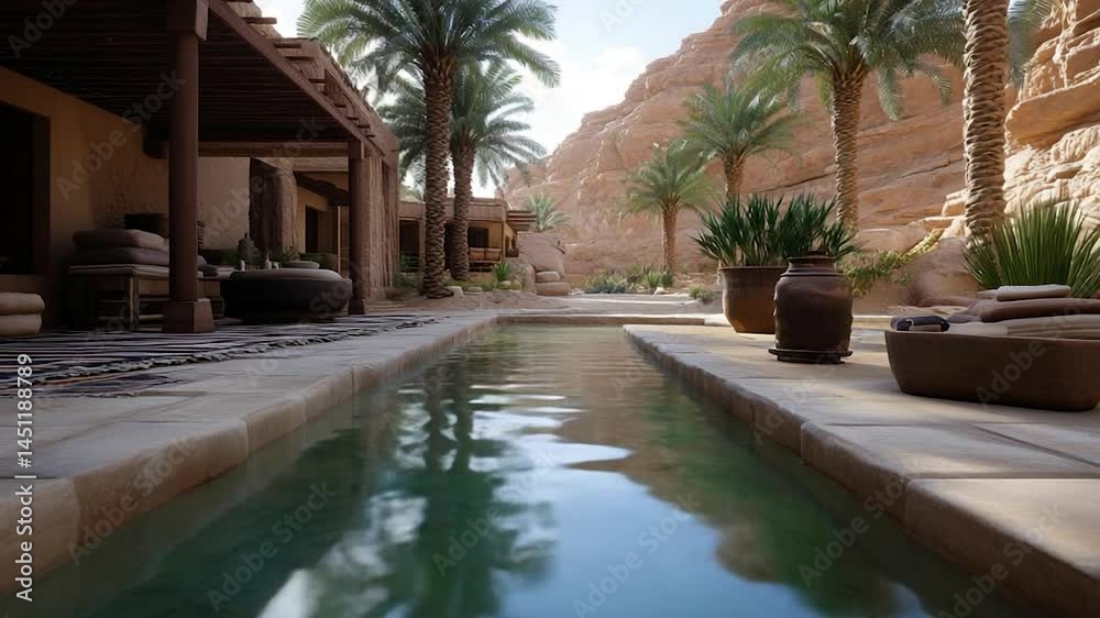 Aufkleber Tranquil scene featuring a serene reflecting pool lined with stone architecture and trees against a desert backdrop. Shadows and reflections enhance the peaceful ambiance