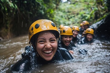 Happy Adventurous Women Canyoning in Tropical Rainforest River Water Smiling Joyful Fun Exciting Extreme Sports Activity Summer Vacation Adventure Travel Team Gear Group 
