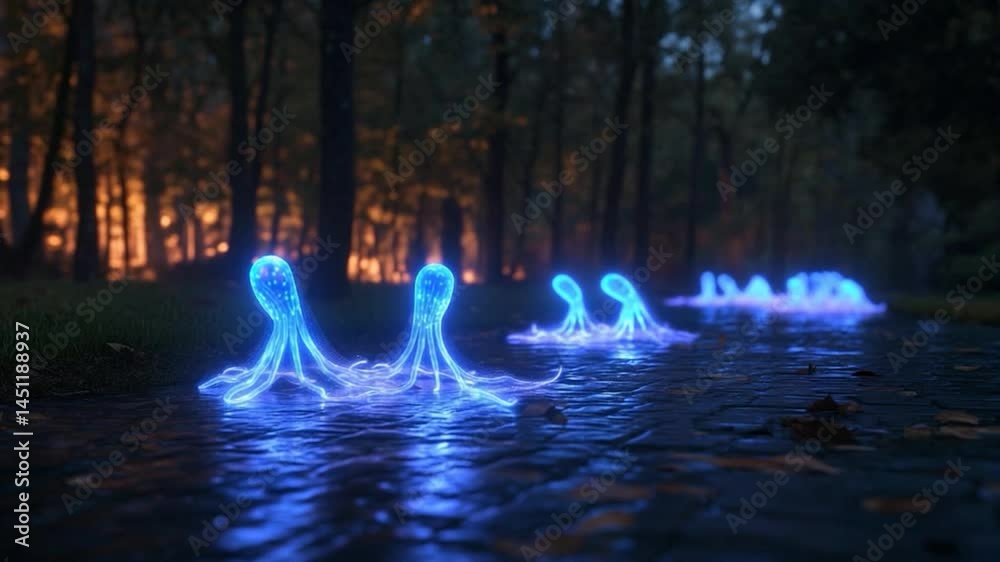 Aufkleber Mysterious scene featuring glowing blue aquatic creatures in a forest stream at dusk Forest is in the background and lights create magical feel