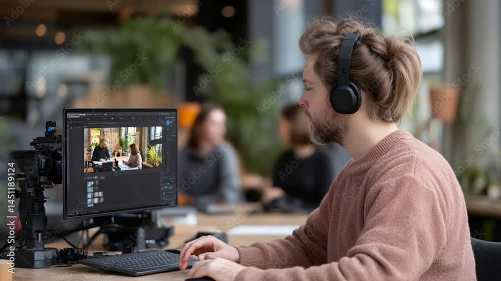Poster man editing video on a computer in a modern office setting wearing headphones and casual outfit othe