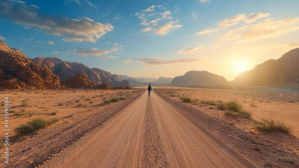 Poster a lone figure walks down a long dirt road through a vast desert landscape towards the sunrise creati