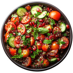 Delicious quinoa salad recipe with tomatoes cucumber and pomegranate seeds healthy food and diet concept on transparent background