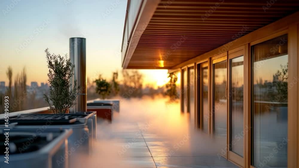 Leinwandbilder a rooftop scene at sunset features architectural details and steam against a colorful sky with refle