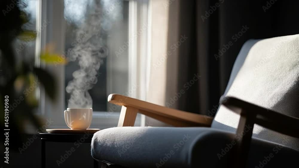 Poster cozy living space with a steaming cup of coffee on a side table next to an armchair bathed in sunlig