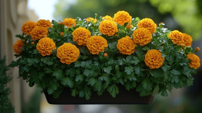 Vibrant orange marigold blooms in a hanging planter.  A profusion of  bright orange flowers  rest upon a bed of lush green foliage - Powered by Adobe