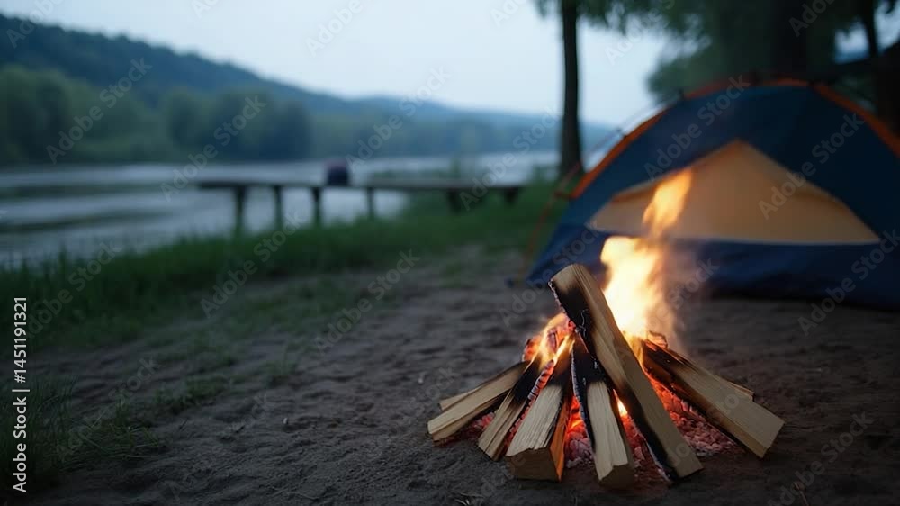 Aufkleber campfire burning at a lakeside campsite during dusk. a tent and a bench are visible in the backgroun