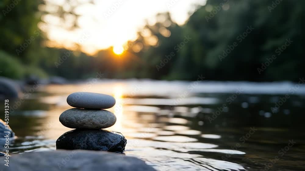 Poster stacked river stones in water with a blurred background and a sunset providing soft lighting. focus 