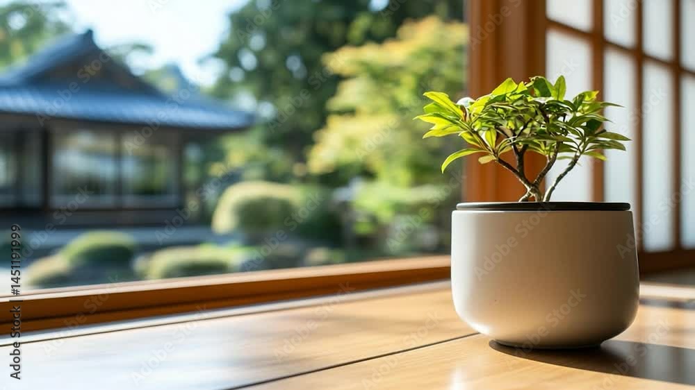 Poster a potted plant sits on a wooden windowsill with sunlight streaming in. a building and foliage are vi