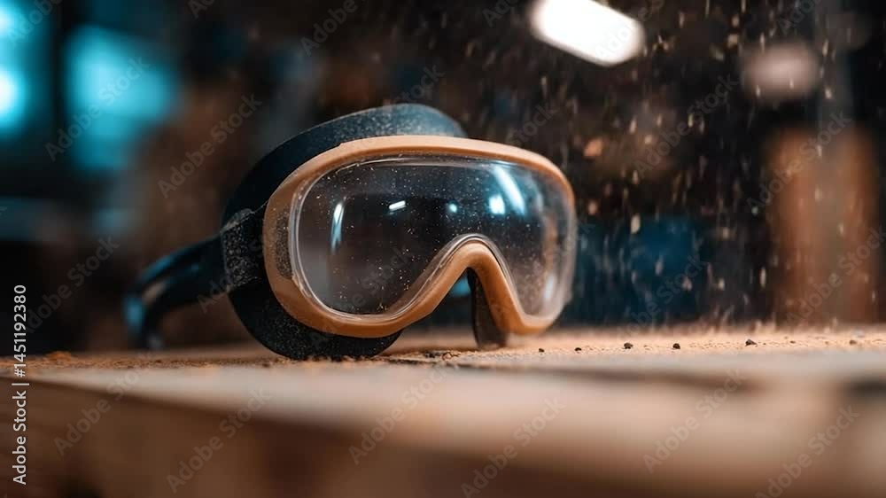 Poster Close up of protective eyewear lying on a wooden surface. Dust particles are visible in the air, with a blurred background adding depth. The lighting is soft