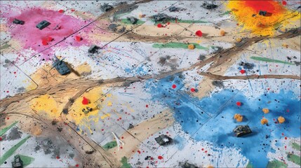 Fototapeta premium A vibrant, abstract aerial view of a battlefield scene, depicted through a mix of bright splashes of colors such as pink, yellow, and blue, contrasting against the muted tones of dirt and grass. Small