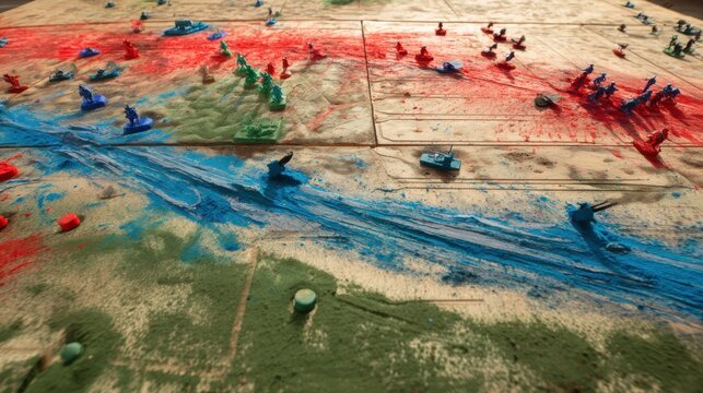 A dynamic tabletop battlefield scene featuring miniature military figures and vehicles, depicting a strategic war game. The game board is filled with vibrant splashes of colors, including red, blue, a