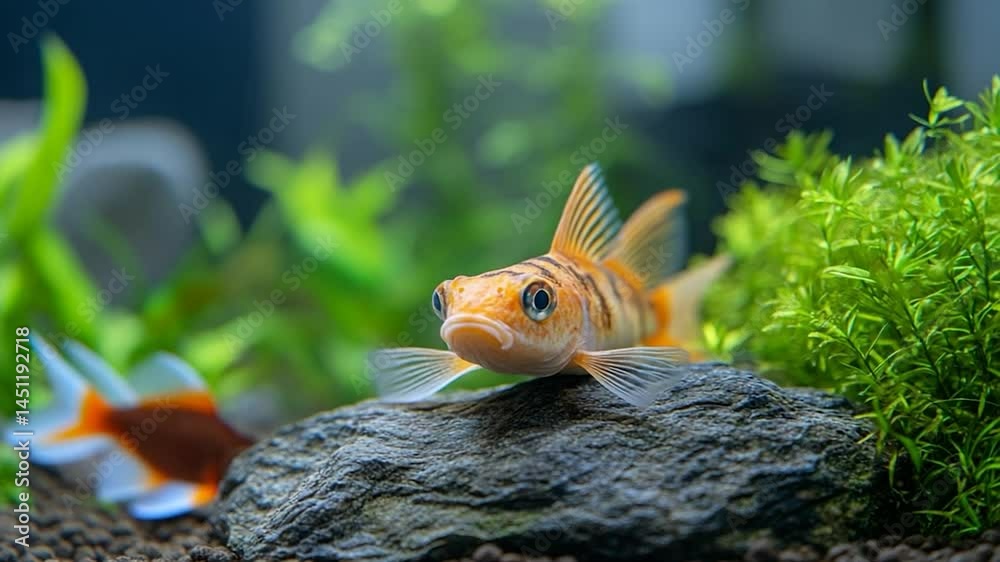 Aufkleber close-up of an orange and white fish resting on a textured rock in an aquarium setting surrounded by