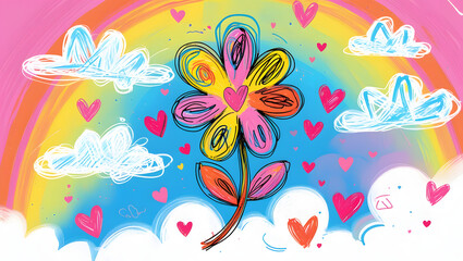 Cute kid scribble line flower, heart. rainbow background. Hand-drawn doodle sketch childish element set. Flower, heart, cloud, children draw style design elements, and background.