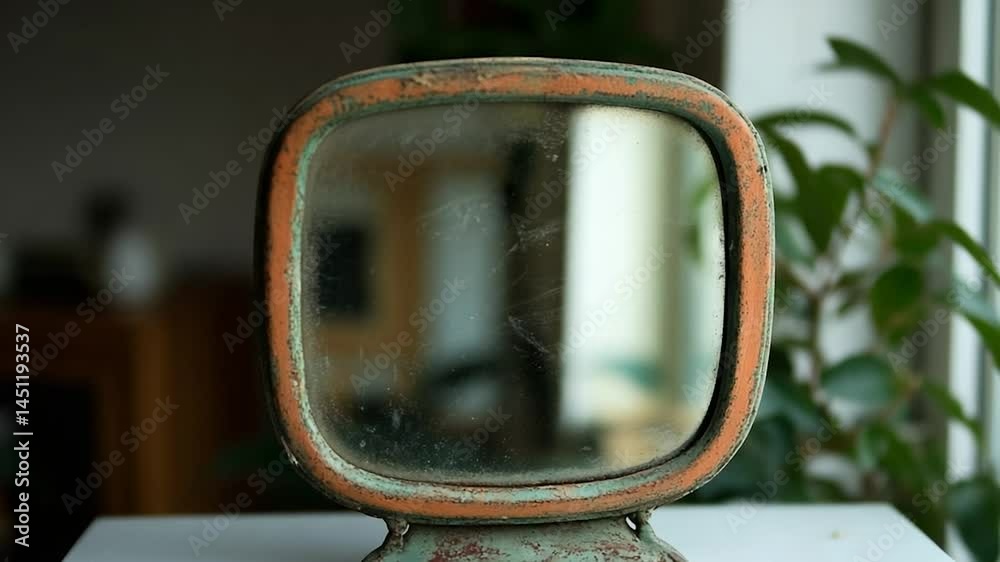 Poster an antique mirror on a white surface with blurred reflection and a houseplant in the background illu