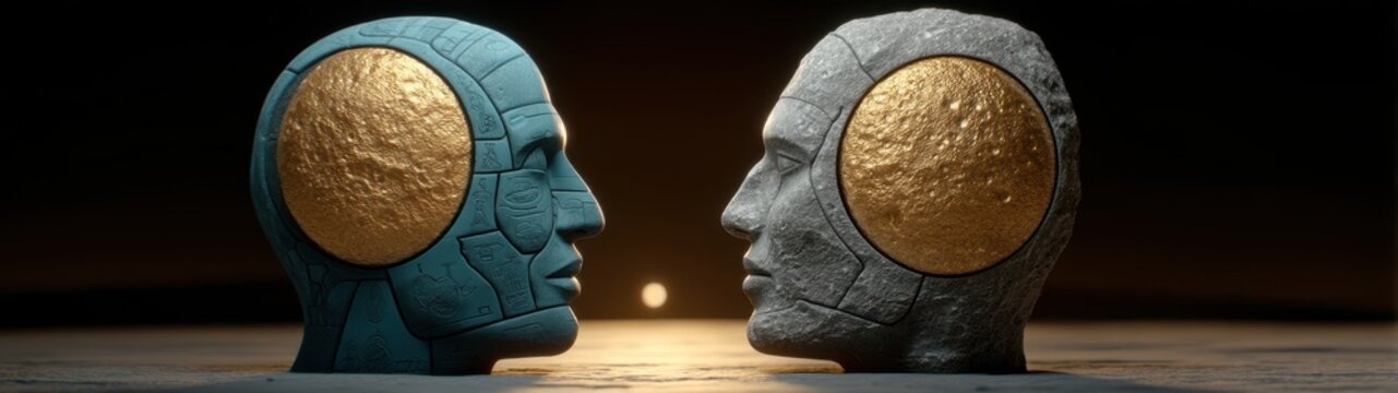 Surreal Cosmic Vision of Two Human-Like Heads in Double Exposure with Space Elements and Textured Surfaces Against a Dark Background