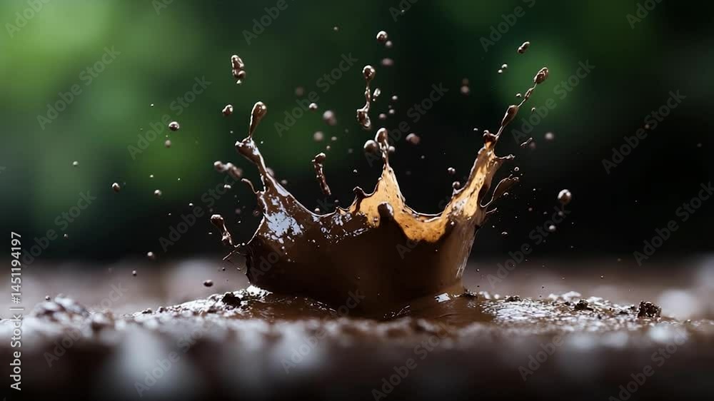 Aufkleber Dramatic close-up captures a splash of mud forming a crown shape against a blurred green background. Showcases the dynamic formation and texture of the mud particles in motion