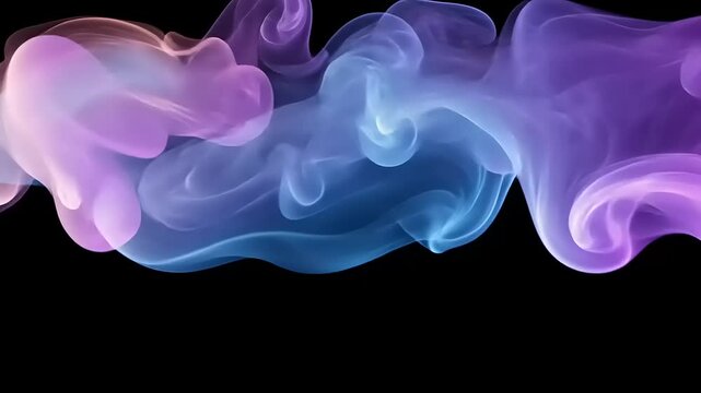 Abstract Gradient Smoke Plumes with Swirling Effect on Black Background Elegant Flowing Shapes in Teal Blue and Purple Colors for Creative Design