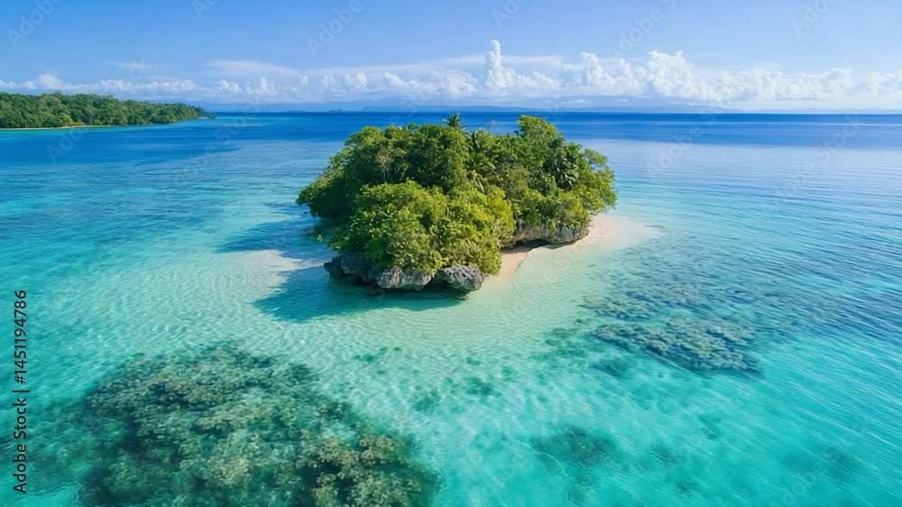 Poster aerial view of a tropical island with lush greenery and clear turquoise waters surrounded by coral r
