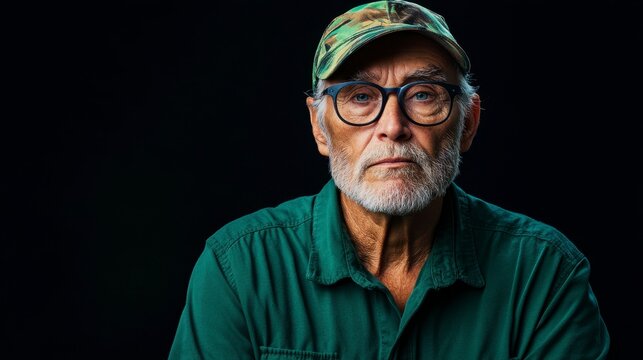 An elderly man with glasses and a camouflage cap, exuding wisdom and experience against a dark backdrop