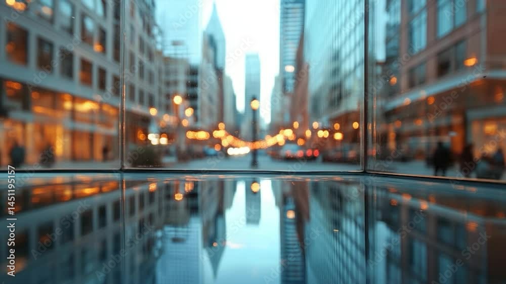 Poster cityscape through a window showcasing blurred lights and reflective surfaces. buildings reflected in