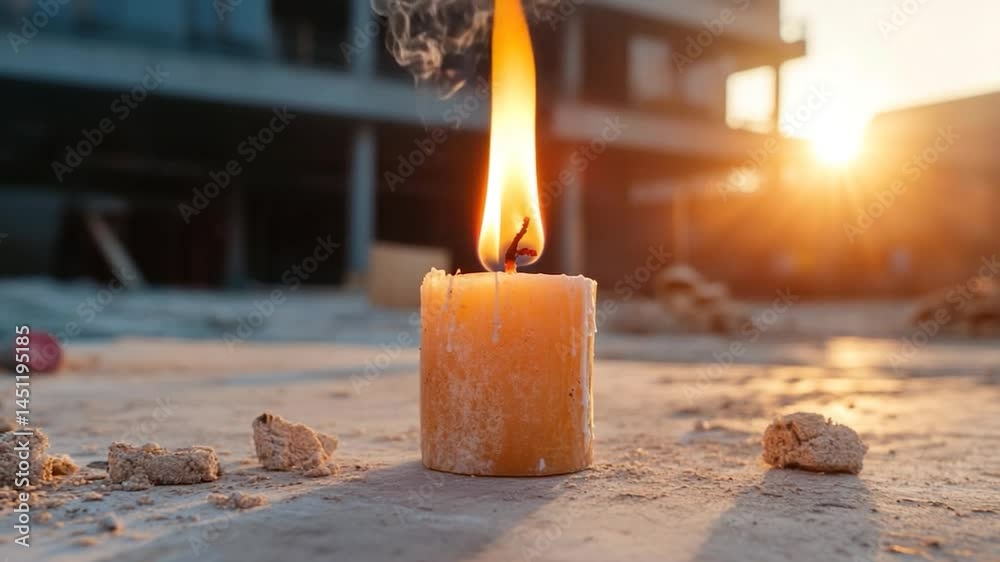 Poster a lit orange candle with flame on concrete surface featuring small rocks and building background at 