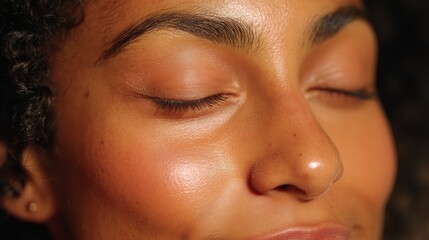 Fototapeta premium Close-up portrait of a young woman with curly hair, eyes gently closed, showcasing her natural skin tone and healthy glow. The image captures the smooth texture of her skin, with subtle highlights acc