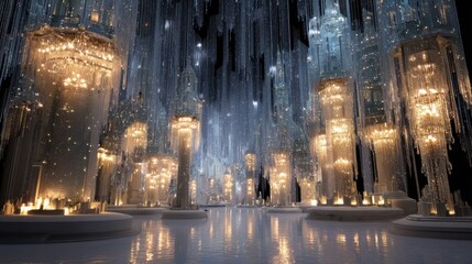 Fototapeta premium A stunning, ethereal interior space resembling a grand hall adorned with shimmering crystal-like structures and cascading light. The environment is luminous, characterized by countless sparkling light
