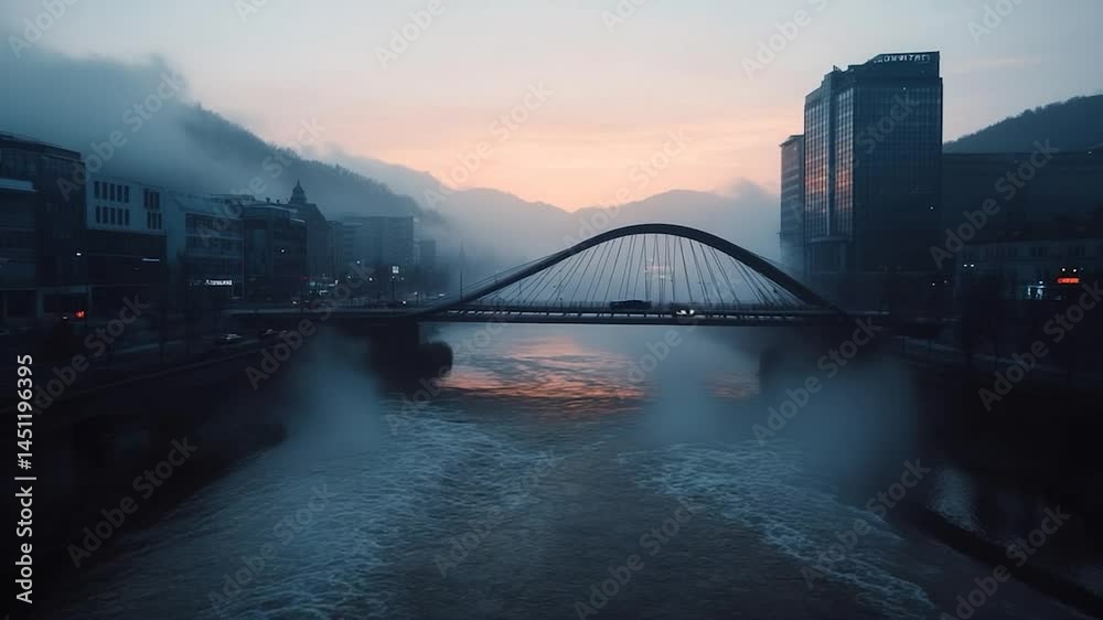 Aufkleber a serene river scene with a bridge at dusk mountains and buildings are shrouded in mist and the sky 