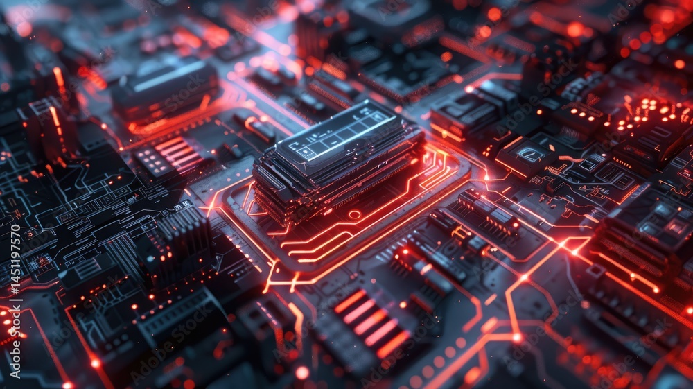 Fototapete Abstract of chip on complex circuit with digital technology style design and the electric light graphic show dynamic movement represent about processor algorithm process on high tech device. AIG53.