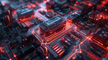 Obraz premium Abstract of chip on complex circuit with digital technology style design and the electric light graphic show dynamic movement represent about processor algorithm process on high tech device. AIG53.
