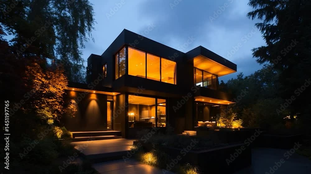 Poster exterior view of a modern black house with illuminated windows at dusk. lush greenery surrounds the 