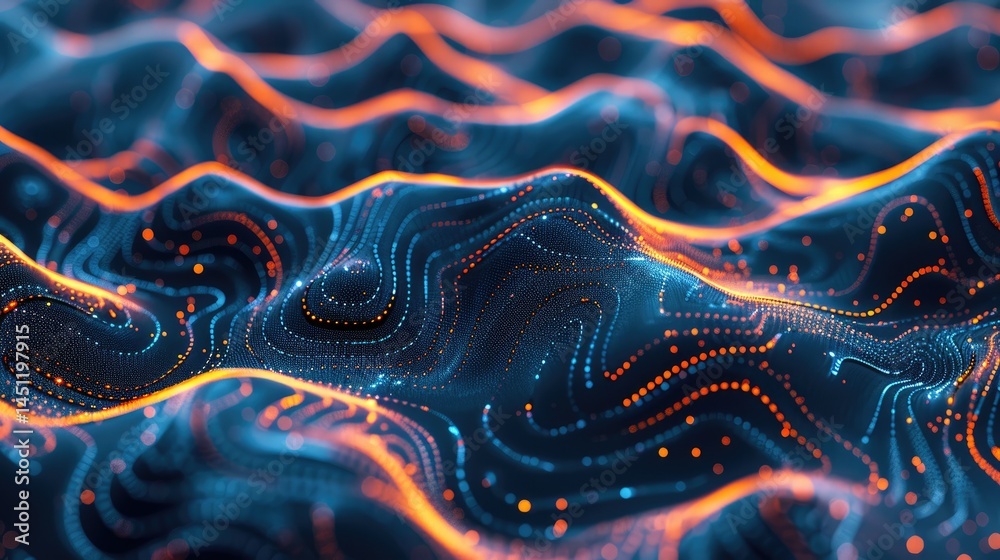 Poster explore an abstract data visualization representing telecommunication concepts with luminous waves a