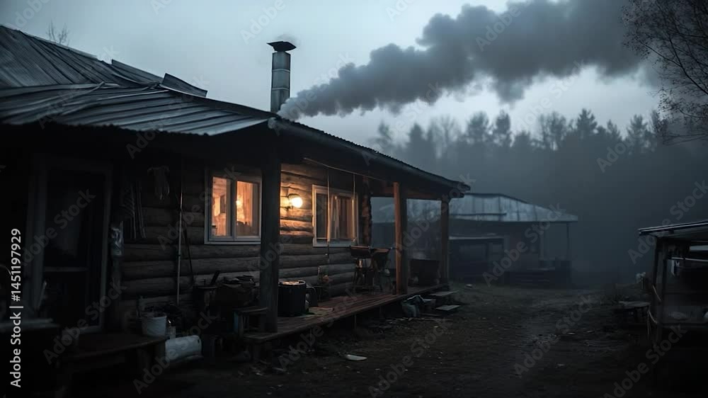 Poster exterior view of a cabin at dusk with smoke rising from the chimney and illuminated windows creating
