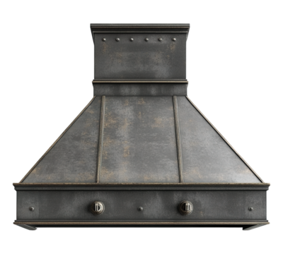 A large, old-fashioned metal stove hood with a black and silver finish