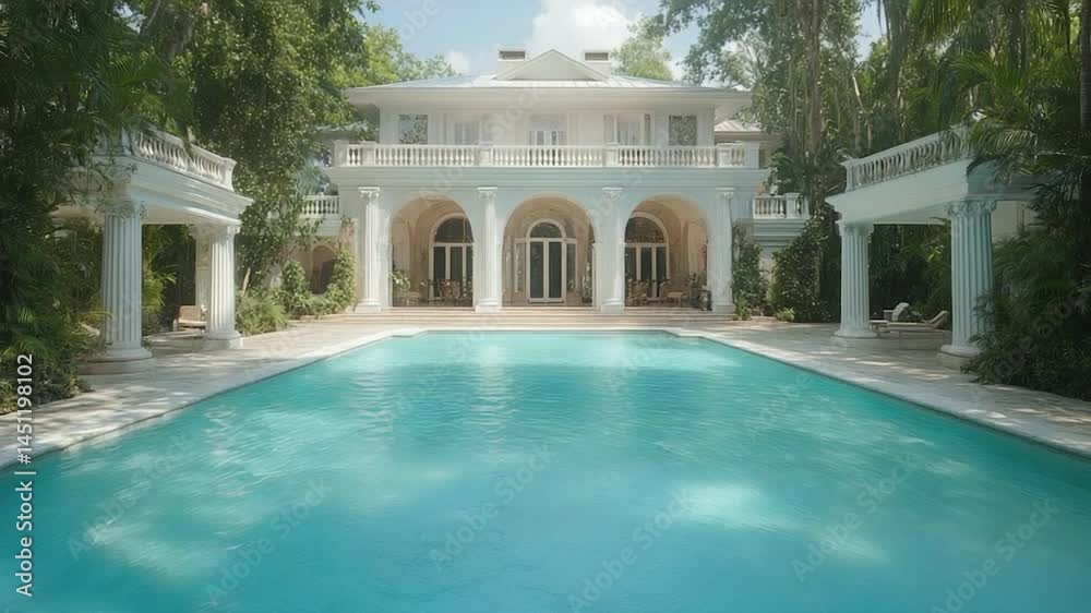 Poster exterior view of a luxury estate featuring a turquoise pool a white mansion with columns and lush gr
