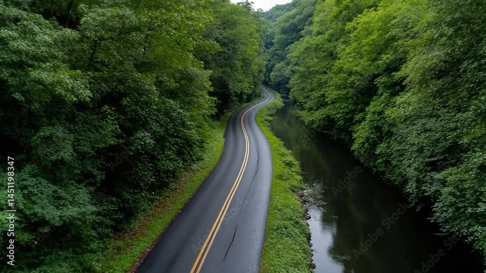 Poster aerial view of a winding road alongside a river, lush green trees create a canopy and frame the scen
