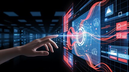 Hand Interacting With Futuristic Touch Screen Interface Displaying Data Visualization And Digital Information In Server Room Representing Modern Technology And Innovative Solutions