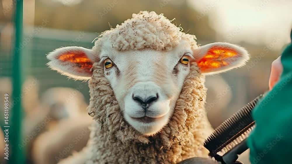 Poster close-up of a sheep with a person grooming its fur. the sheep has a light colored woolly coat and is