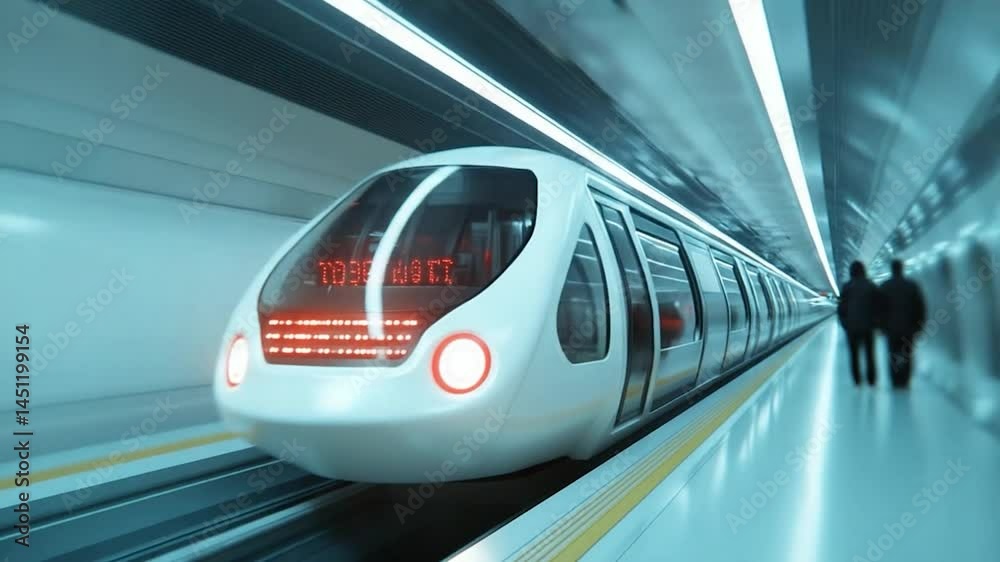 Poster Futuristic white train moving through a sleek, brightly lit tunnel with passengers walking in the background creating dynamic and modern transportation