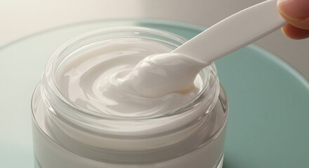 A jar of luxurious white cream is being gently scooped out with a spatula.