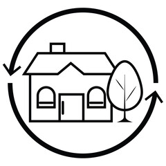 Minimal icon of a house and tree inside a circular arrow, symbolizing sustainability, eco housing, and green living.