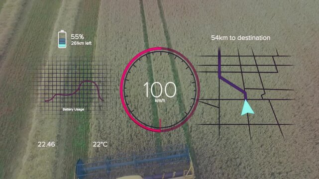 AR overlay dashboard being displayed over aerial wheat field, showing speedometer, battery, map
