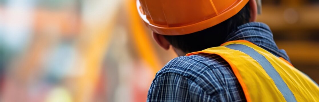 A construction worker in vibrant safety gear observes a bustling site. The focus on safety and construction highlights the dedication to a secure work environment.