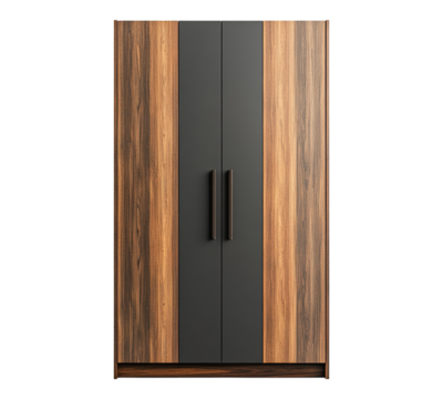 A wooden cabinet with a black trim