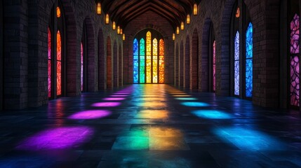 Stunning cathedral interior with colorful stained glass windows casting vibrant light patterns on a gleaming floor