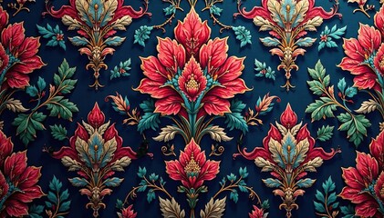 Intricate floral damask, rich jewel tones, luxurious feel, print, design element, jewel tones